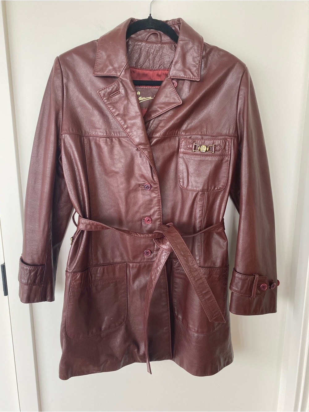 Etienne Aigner Burgundy Brown Leather Belted Jacket